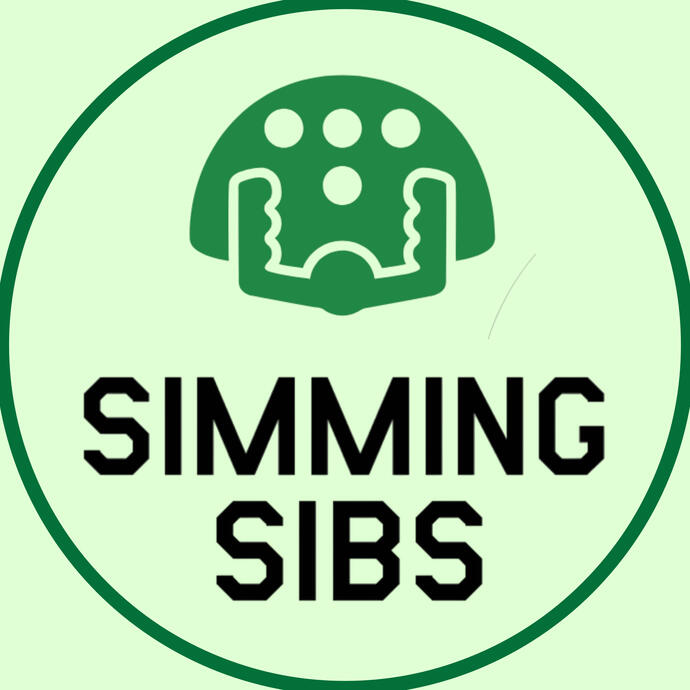 Simming Sibs flight simulator logo featuring a yoke symbol, green outline, light green background, Microsoft Flight Simulator branding, young pilots, flight sim gear, aviation channel